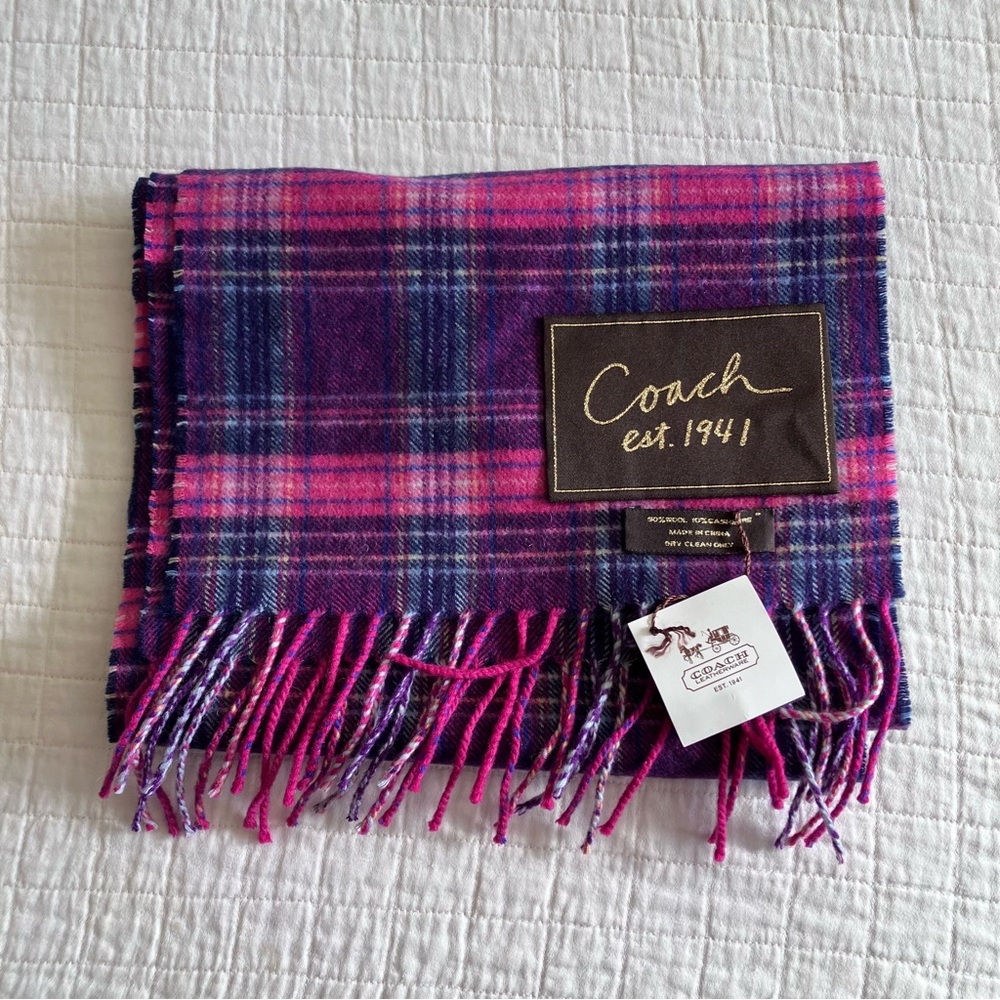 NWT Coach pink/purple plaid wool/cashmere scarf w/fringe